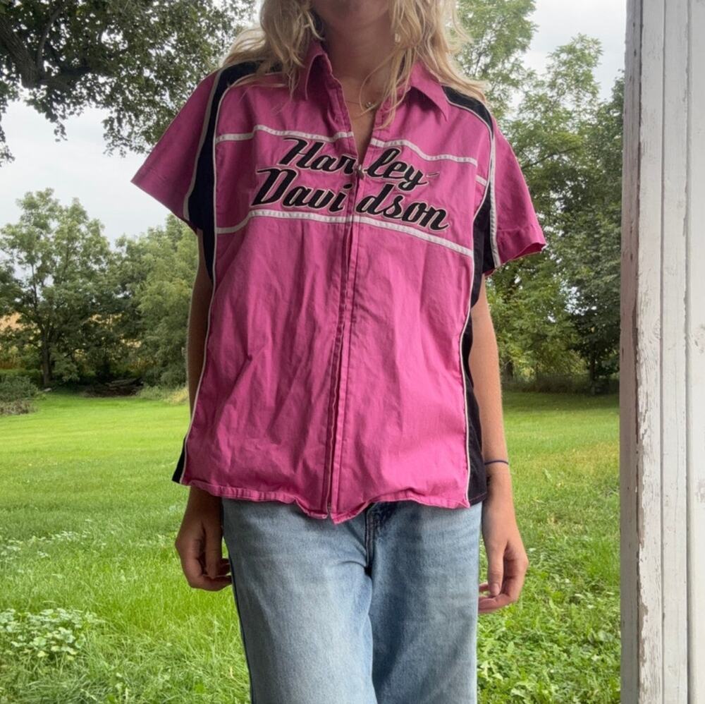 Vintage Y2K Harley Davidson Pink Black Zip Up Shirt 2W Plus Size Biker Top